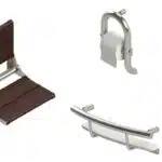 INVISIA Wall toilet roll holder, accent bar, shampoo shelf and SerenaSeat Pro in brushed stainless-steel finish on a white background.