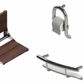 INVISIA Wall toilet roll holder, accent bar, shampoo shelf and SerenaSeat Pro in chrome polished finish on a white background.