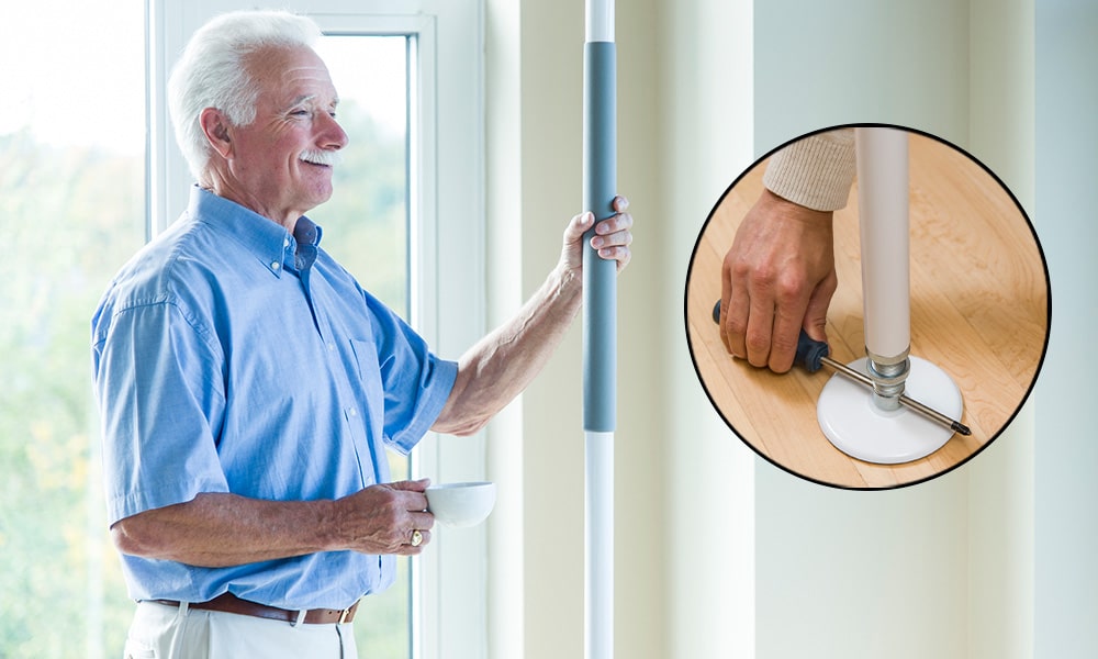 Man holding a SuperPole, a detail image is showing someone turning the screw to install the pole.