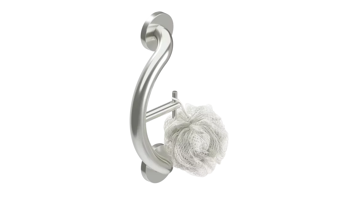 PLUS towel hook and grab bar with a luffa hanging from its hook.
