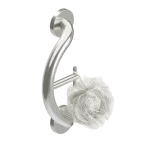 PLUS towel hook and grab bar with a luffa hanging from its hook.