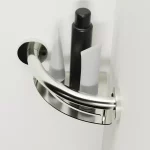 PLUS Series Corner Shelf in Brushed Stainless Steel Finish with several shampoo-like bottles on the shelf.