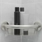 PLUS Series Corner Shelf in Brushed Stainless Steel Finish with several shampoo-like bottles on the shelf.